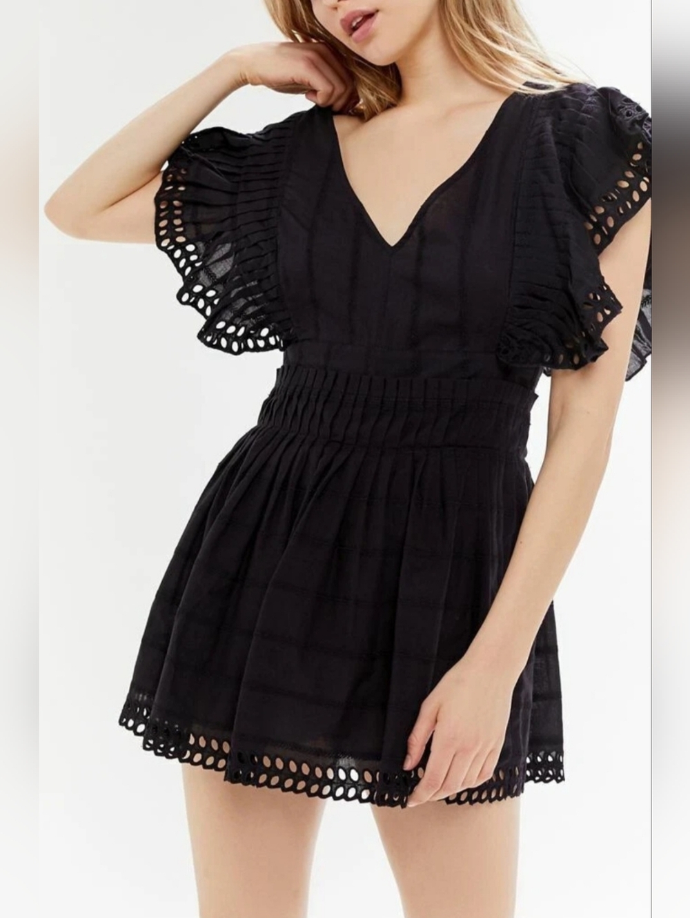 Urban Outfitters Cassie Open Back Embroidered Romper Cotton Black Boho 8